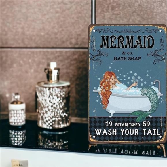 Metal Sign | Mermaid & Co Bath Soap Wash Your Tail Mermaid Poster Decor 8x12in - Picture 6 of 7